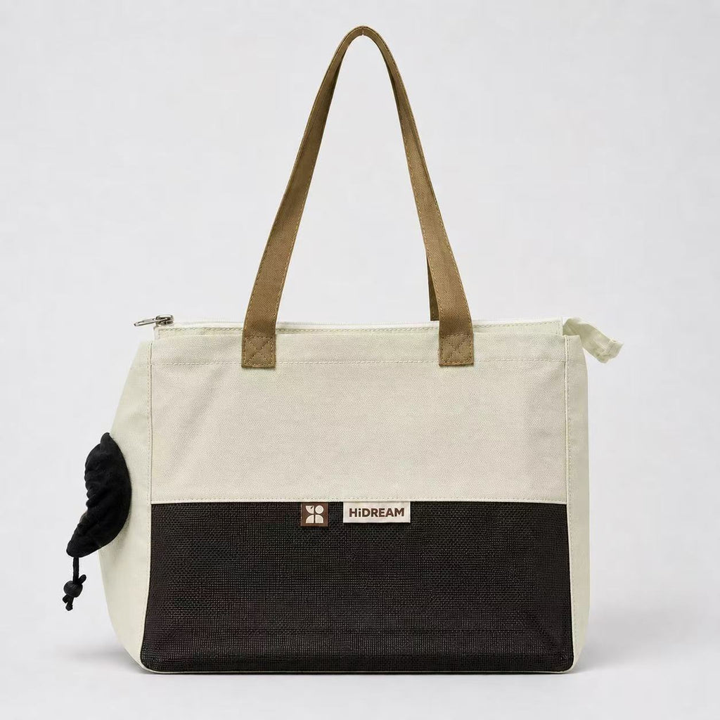 Beige and black pet bag with brown handles for cats and small dogs, best gifts for pet parents