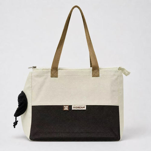 Beige and black pet bag with brown handles for cats and small dogs, best gifts for pet parents