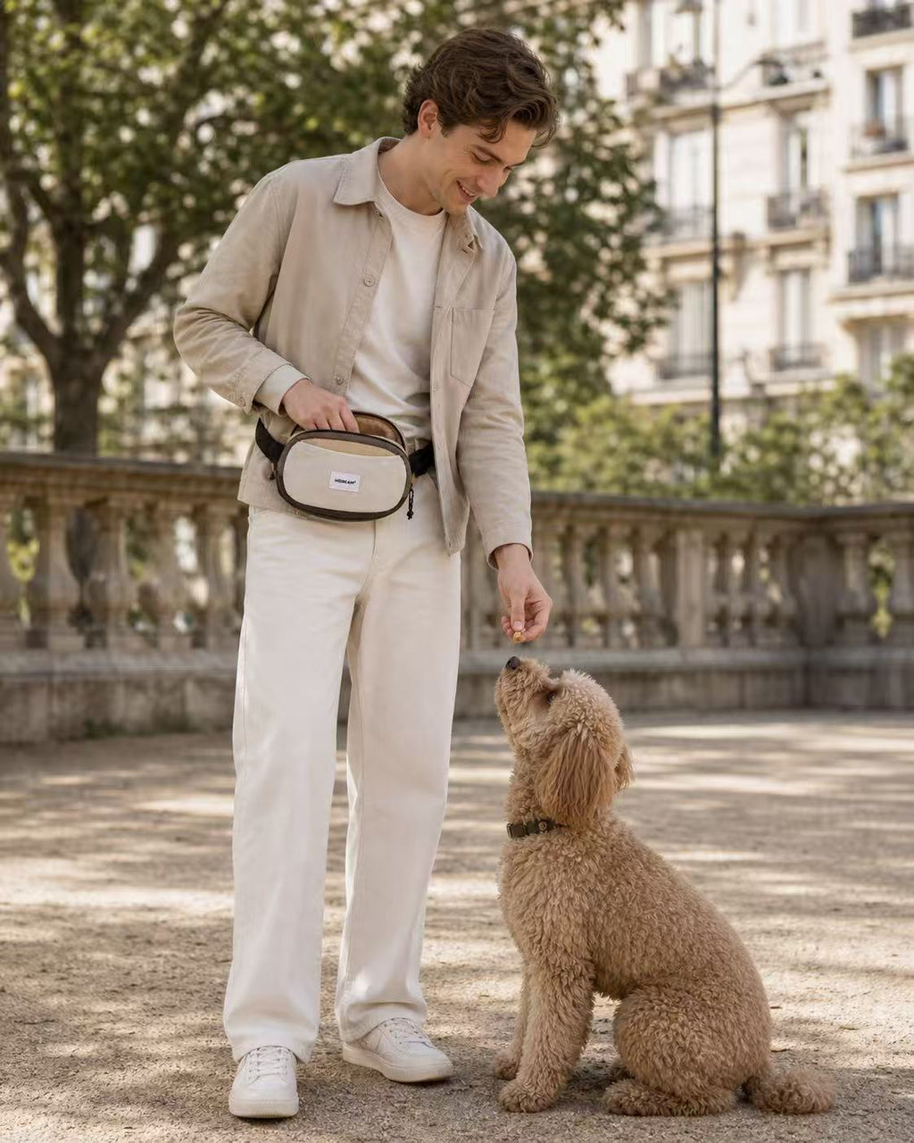 Fashion hands-free dog treat bag for stylish city walks and training, premium outdoor accessory and best gift for dog parents in Europe