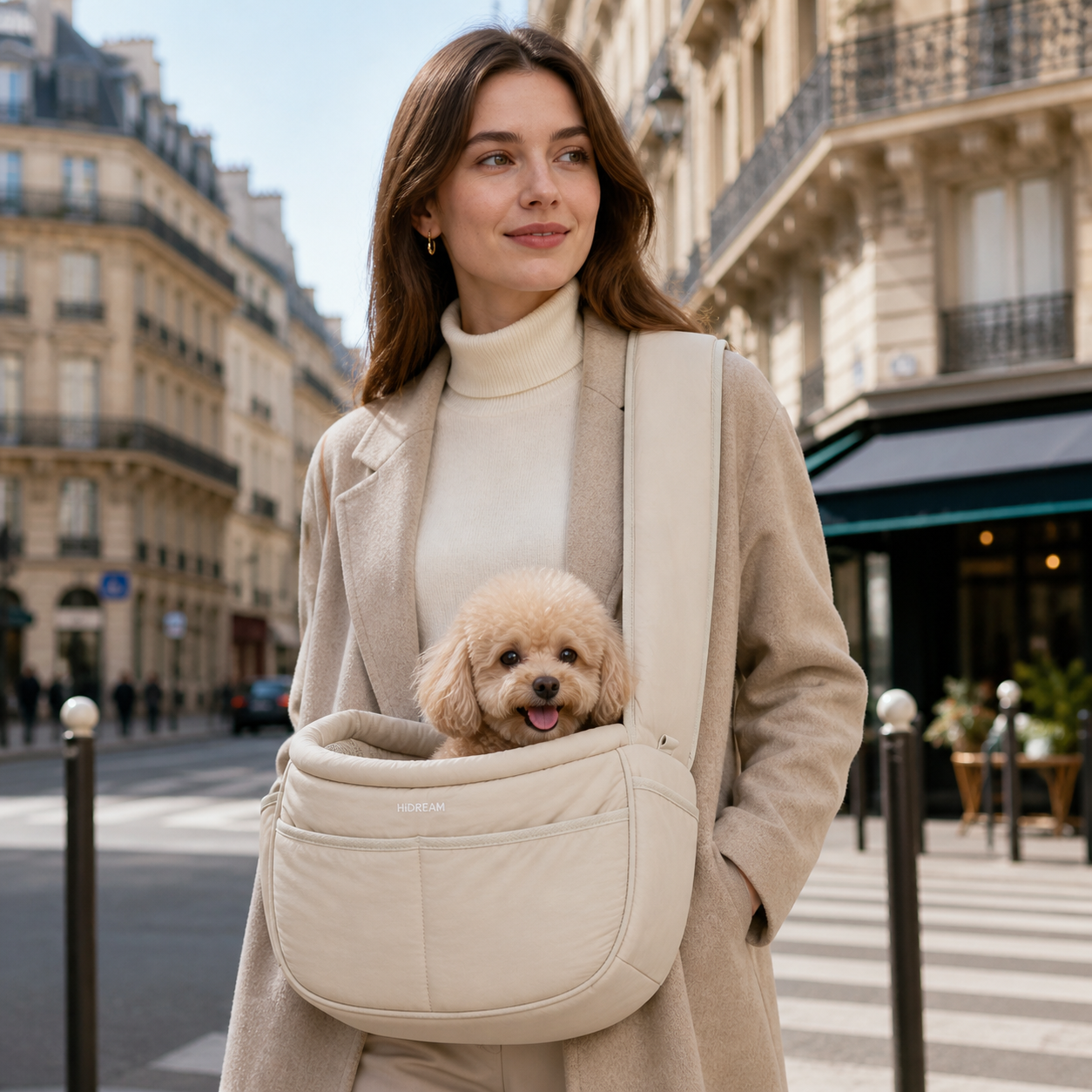 Fashion pet crossbody bag in European city lifestyle setting, stylish hands-free carrier for cats and small dogs and best gift for pet parents