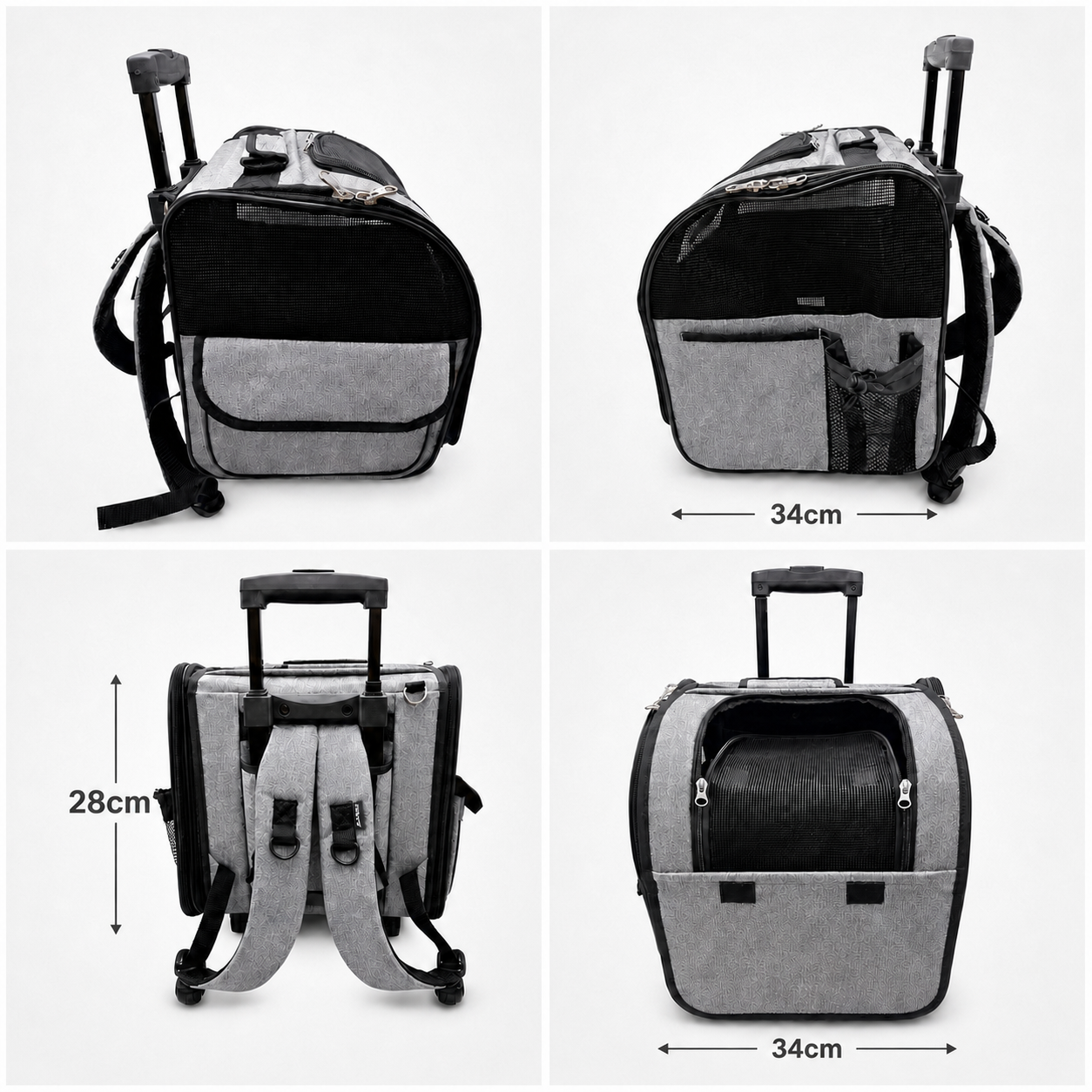 Premium 3-in-1 pet travel carrier shown with wheeled, handheld and backpack views, stylish gift for EU pet parents with cats or small dogs