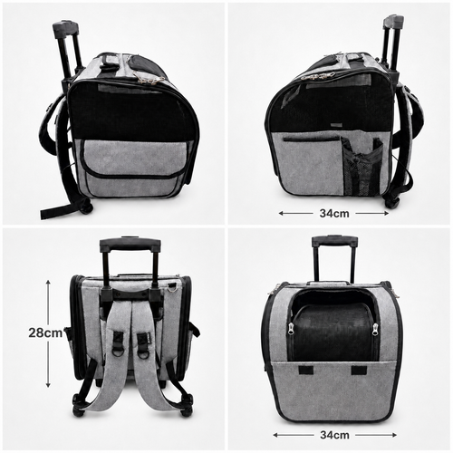 Premium 3-in-1 pet travel carrier shown with wheeled, handheld and backpack views, stylish gift for EU pet parents with cats or small dogs