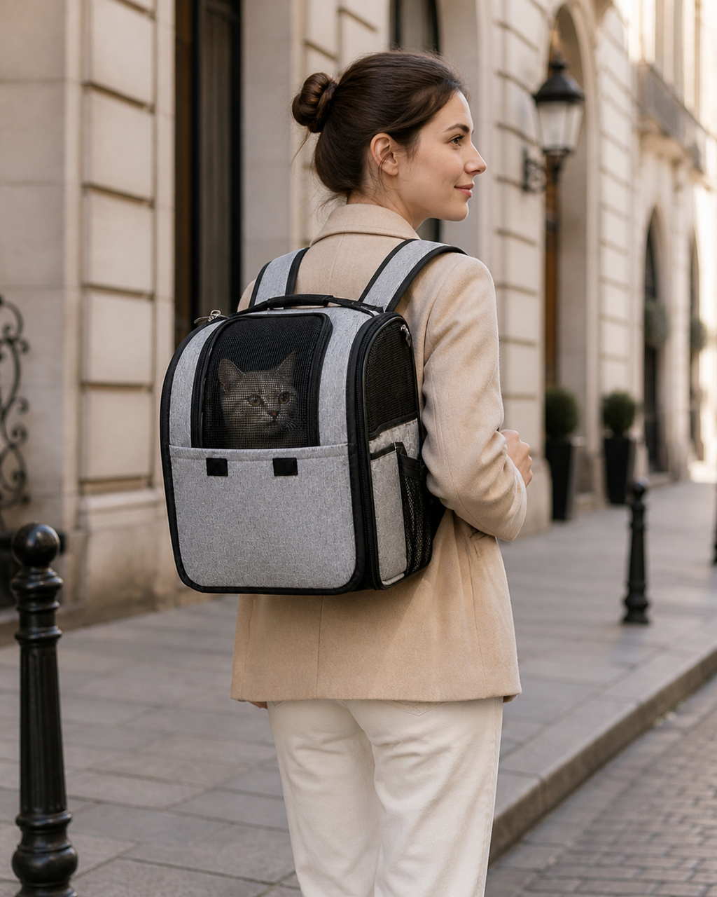 Premium fashion pet carrier backpack with cat in breathable mesh travel bag, stylish urban accessory and best gift for pet parents in Europe