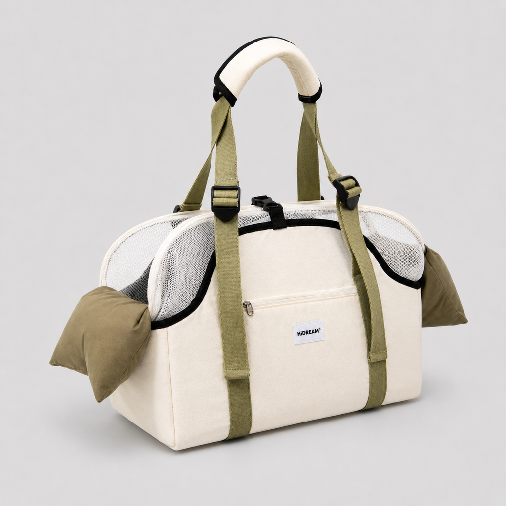 Premium fashion pet shoulder carrier bag in almond cream and truffle green, stylish soft-sided travel bag for cats and small dogs and best gift for pet parents in Europe