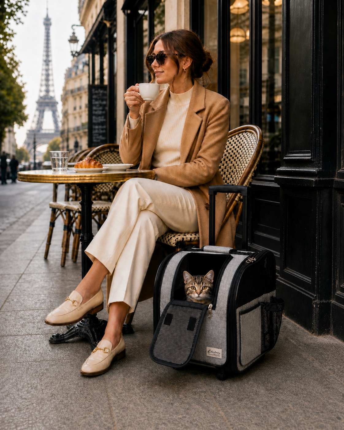 Premium Paris pet carrier bag with cat by a cafe, stylish breathable travel accessory and best gift for fashion pet parents in Europe