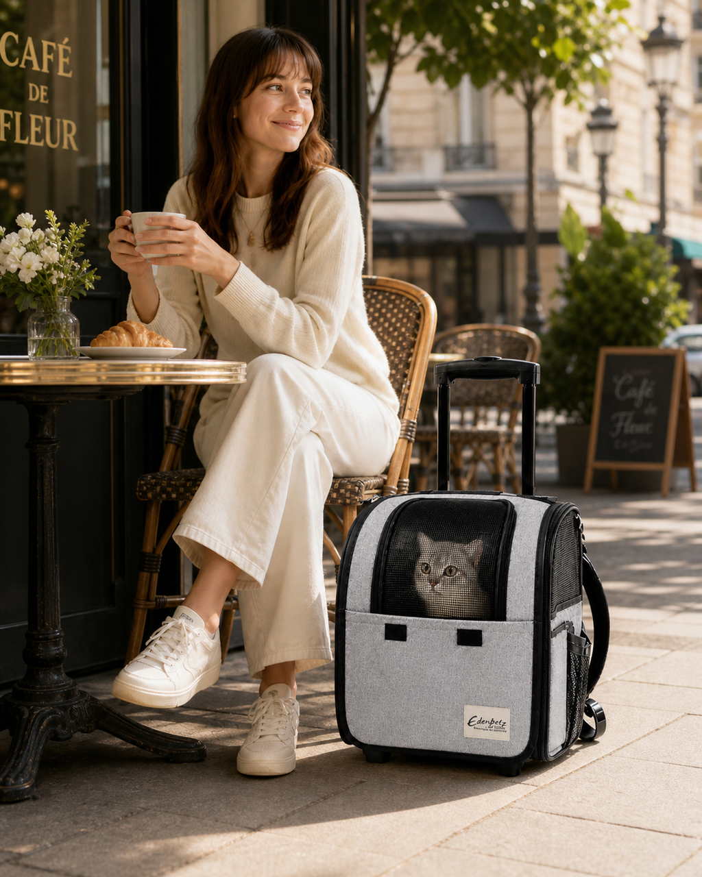 Premium stylish pet carrier for cats at a European cafe, breathable fashion travel bag and best gift for pet parents who love chic outings