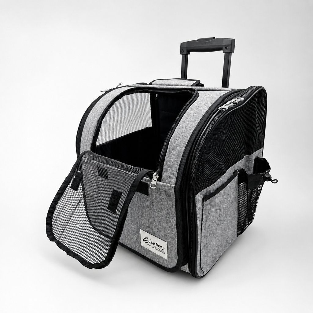Premium 3-in-1 wheeled pet carrier backpack in heather gray, stylish and breathable travel bag for cats and small dogs, perfect luxury gift for pet parents in Europe.