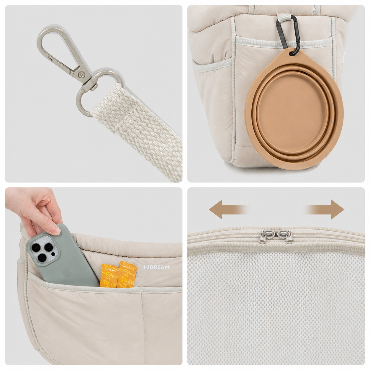 Stylish crossbody pet carrier details with breathable mesh, safety clip and storage pocket, premium gift for cat and small dog parents in Europe